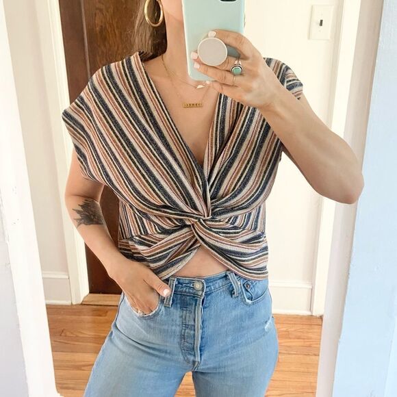 Zara Knotted Sparkly Striped Cropped Top Size Small - Picture 1 of 8